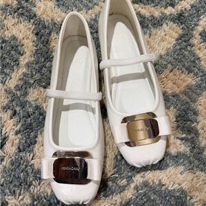Ferragamo White Ballet Flats with Silver Buckle